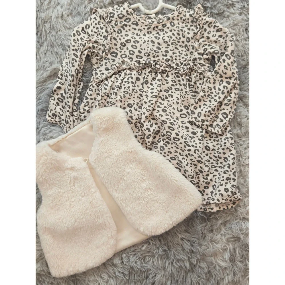 George Baby Girl Leopard Print Dress and Faux Fur Vest Set 18-24 Months‎ Cream